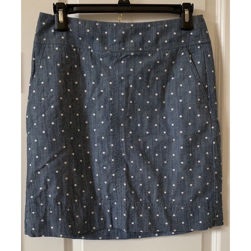 Talbots Skirt Womens Petite Size 2 Blue Chambray Polka Dot Pencil Pockets
